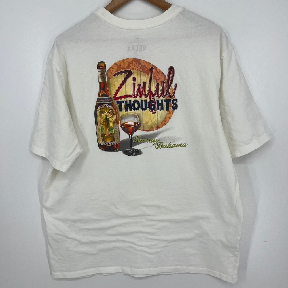 Tommy Bahama Relax Mens XL White Zinful Thoughts Wine Graphic T-Shirt Cotton